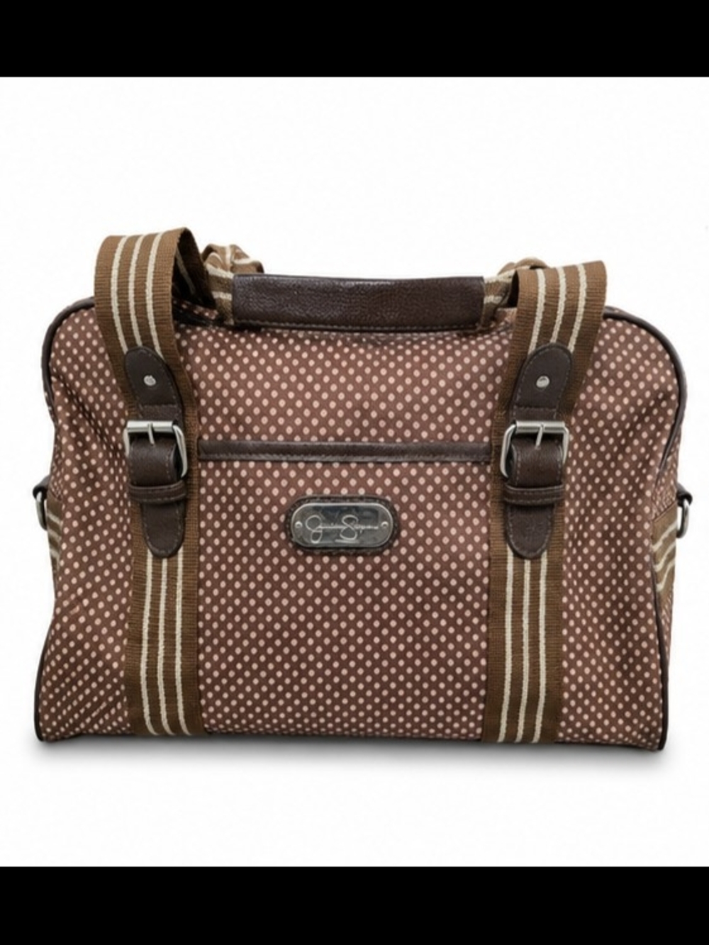 Jessica Simpson Brown Polka Dot Weekender Duffel Travel Bag w/ Shoulder Strap